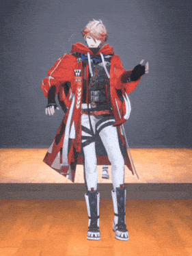 a man in a red jacket and white pants is standing on a stage with the letter w on his chest