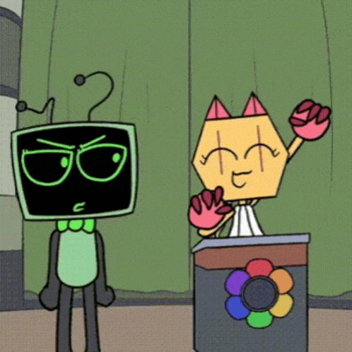 two cartoon characters are standing next to each other one has a question mark on its head