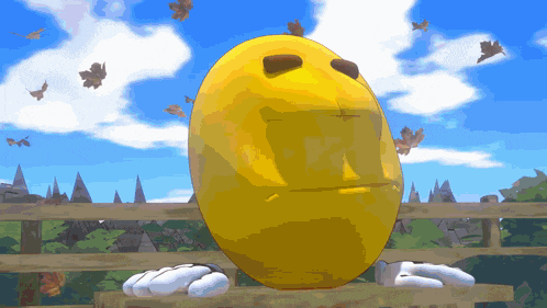 a cartoon drawing of a yellow smiley face sitting on a wooden fence