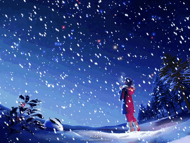 a painting of a person standing in the snow with the website http://www.hoshi-sun.com/