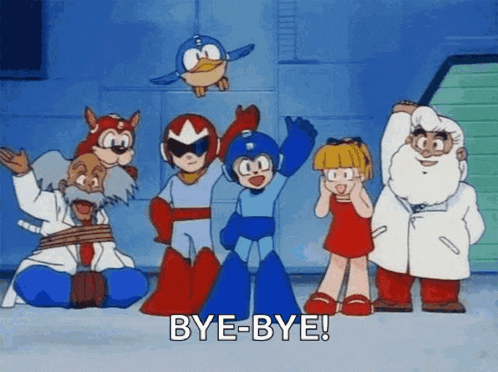 a group of cartoon characters are standing next to each other with the words `` bye-bye '' written on the bottom .