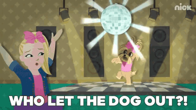 a cartoon of a girl and a dog with the words who let the dog out below them