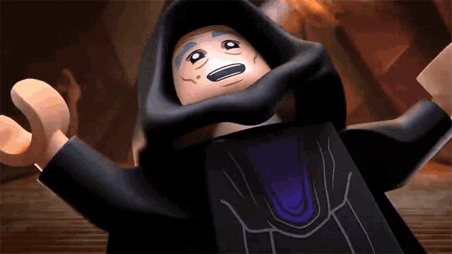 a lego figure is wearing a black hooded robe