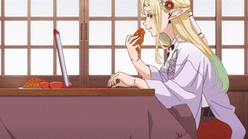 a cartoon drawing of a woman sitting at a table eating food