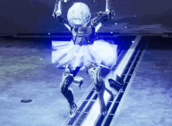 a robot in a tutu is flying through the air .