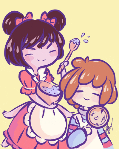 a drawing of a girl holding a bowl of food and a boy holding a cookie