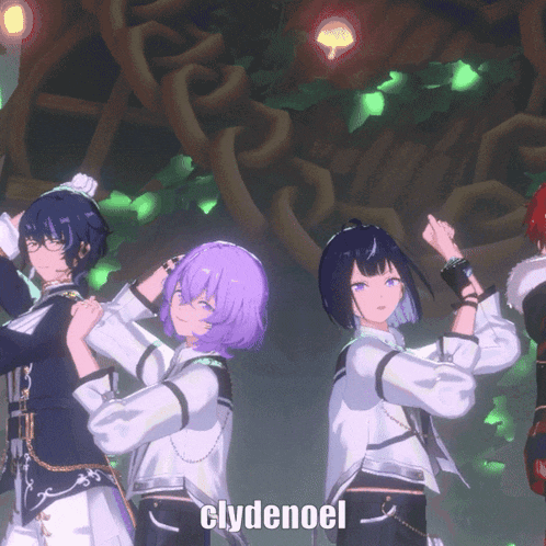 a group of anime characters are dancing with the name clydenoel in the corner