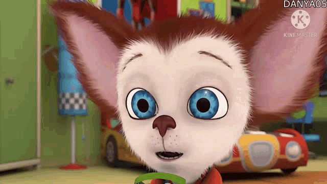 a close up of a cartoon cat with blue eyes looking at the camera .