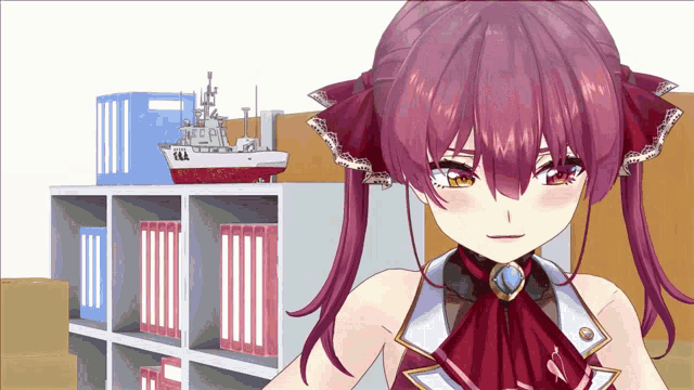 a girl with red hair is standing in front of a bookshelf with a model ship in the background