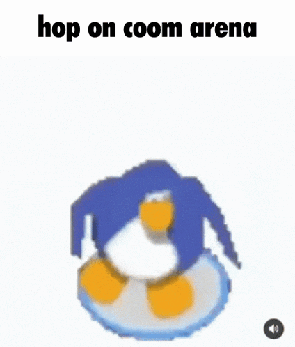 a blue penguin is riding a snow board with the words `` hop on coom arena '' below it .
