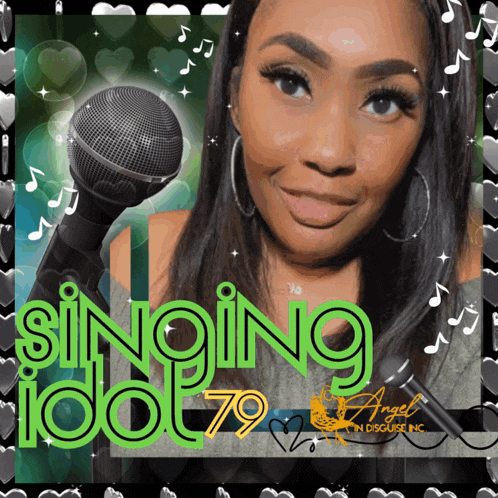 a picture of a woman holding a microphone with the words singing idol 79 on it