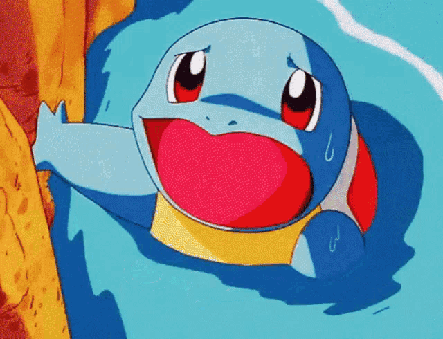 a cartoon squirtle is swimming in the water with its mouth open .