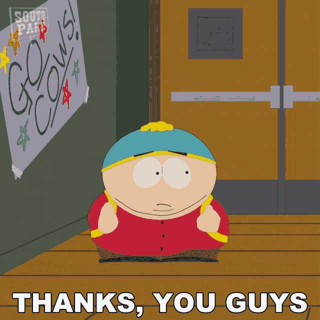 a cartoon character says thanks you guys in front of a sign that says go cows