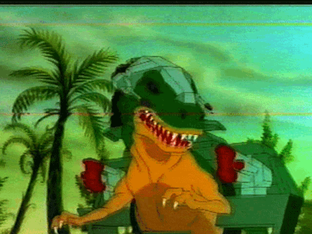 a cartoon of a t-rex standing in front of some palm trees
