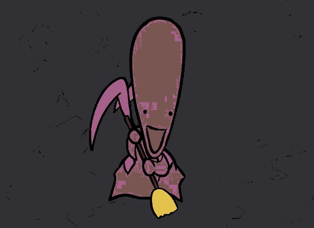 a cartoon character is holding a broom and wearing a purple scarf