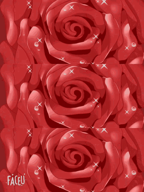 a girl with red roses on her face has faceu written on the bottom right