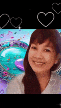 a woman is smiling in front of a music background with hearts