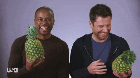 two men holding pineapples with usa written on the bottom