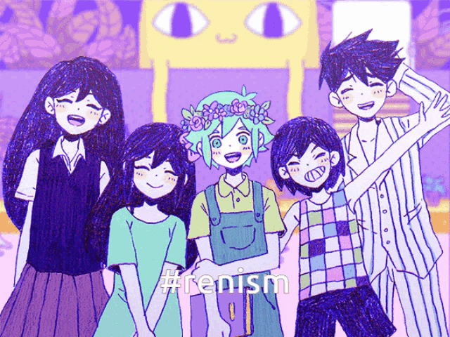 a group of anime characters are posing for a picture with the hashtag #renism in the corner