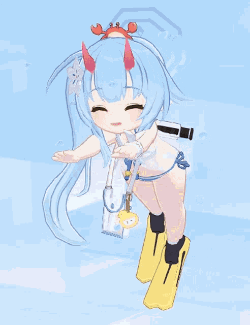 a little girl with blue hair and red eyes is wearing yellow flippers and a crab headband