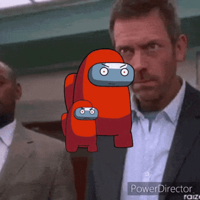 a man in a suit stands in front of a red among us cartoon character