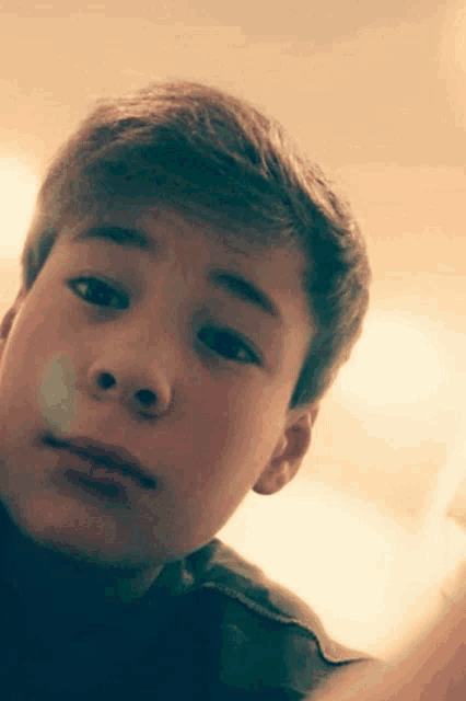 a close up of a young boy 's face with a slight smile on his face