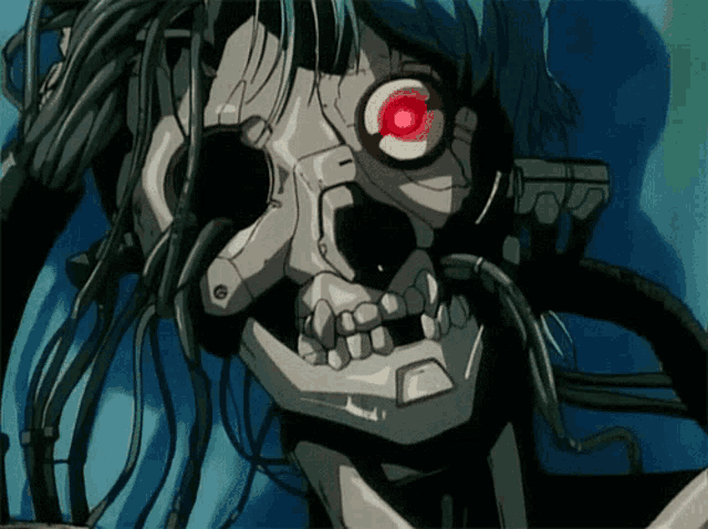 a skeleton with a red eye and a few wires coming out of it 's mouth