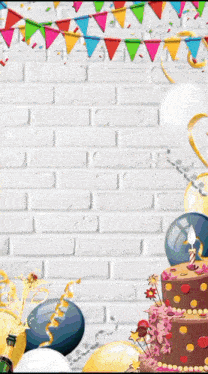 a birthday cake is surrounded by balloons and confetti
