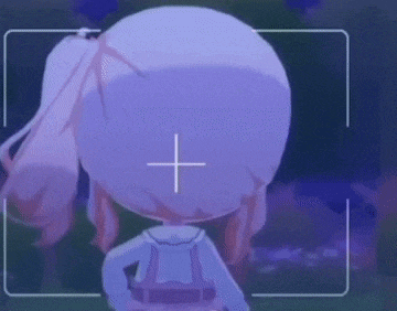 a cartoon girl with a backpack is standing in front of a camera with a cross on her back .
