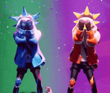two cartoon characters are standing next to each other with their hands on their faces