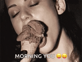 a woman is eating a chocolate ice cream cone with the words morning you below her