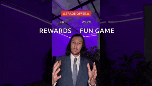 a man in a suit and tie is talking about rewards and fun game