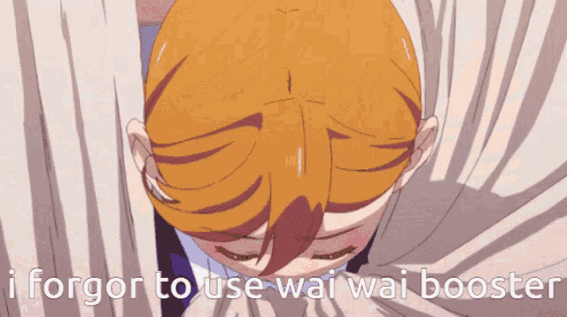 a cartoon of a girl with purple eyes and the words " i forgot to use wai wai booster "