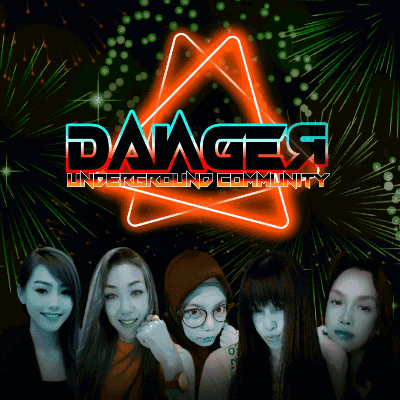 a group of women are standing in front of a blue neon star
