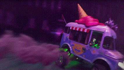 a purple ice cream truck with a pink cone on top of it
