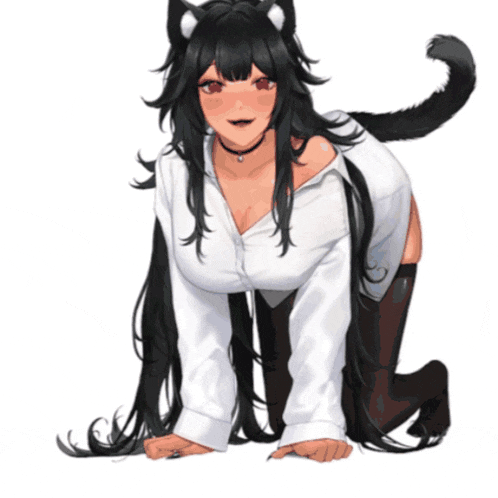 a girl with long black hair and a cat 's tail