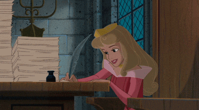 aurora from sleeping beauty is writing with a quill