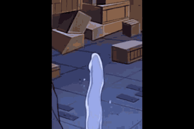 a cartoon character is standing in a room with boxes and a ghost .