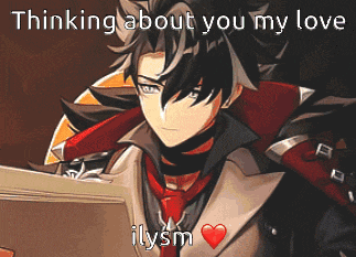 a cartoon of a man with the words " thinking about you my love ilysm " below him