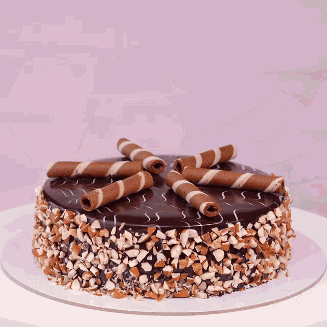 a chocolate cake with nuts and wafer sticks on top