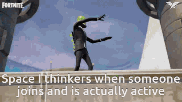 a man in a suit is dancing in a video game with the words space i thinks when someone joins and is actually active
