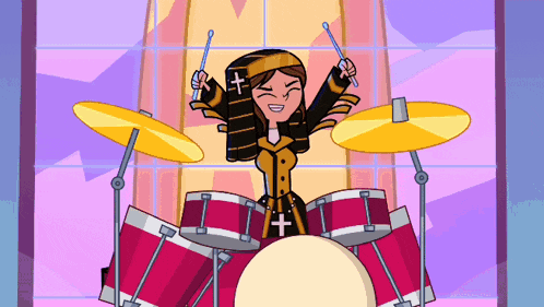 a cartoon of a woman playing drums with a cross on her hood