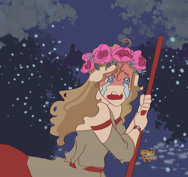 a drawing of a woman with a flower crown on her head crying