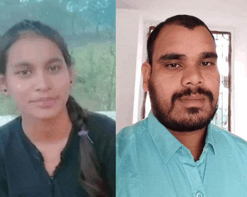 a man and a woman are posing for a picture and the man is wearing a blue shirt