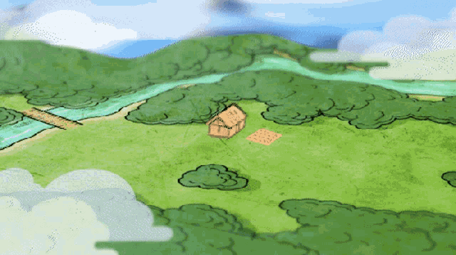 a cartoon drawing of a house in the middle of a green field