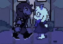 a pixel art of two characters standing next to each other in a room .
