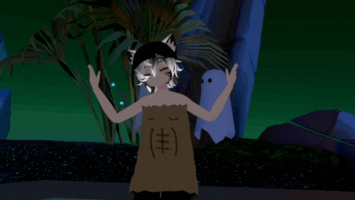 a cartoon character is standing in front of a palm tree with a ghost in the background