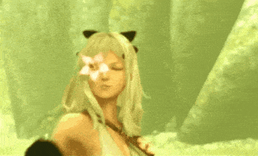 a woman with blonde hair and a flower in her eye