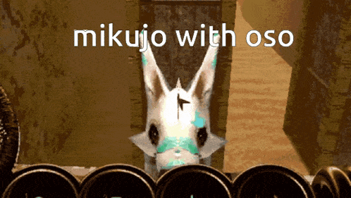 a picture of a rabbit with the words mikujo with oso on it