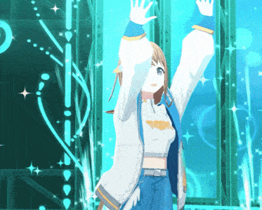 a girl in a white and blue outfit with a crop top that says ' ssrr ' on it